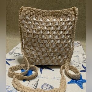 🎀Small crochet bag, with woven khaki ribbon🎀
